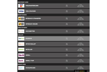 Energy casino - list of payment options