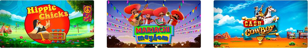 The Games Company slot machines - Hippie Chick, Mariachi mayhem, Cash Cowboy.